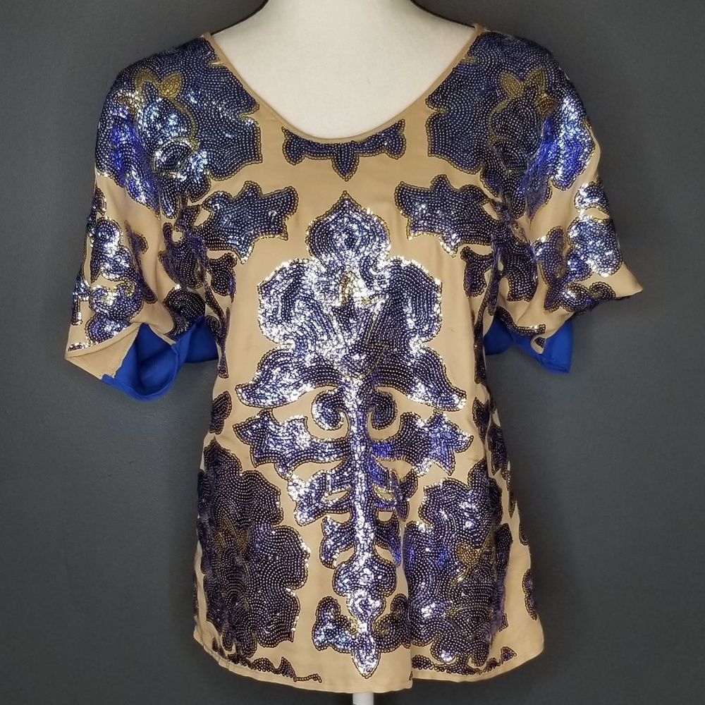 TRACY REESE Sequin & Beaded Blouse Cream and Blue!